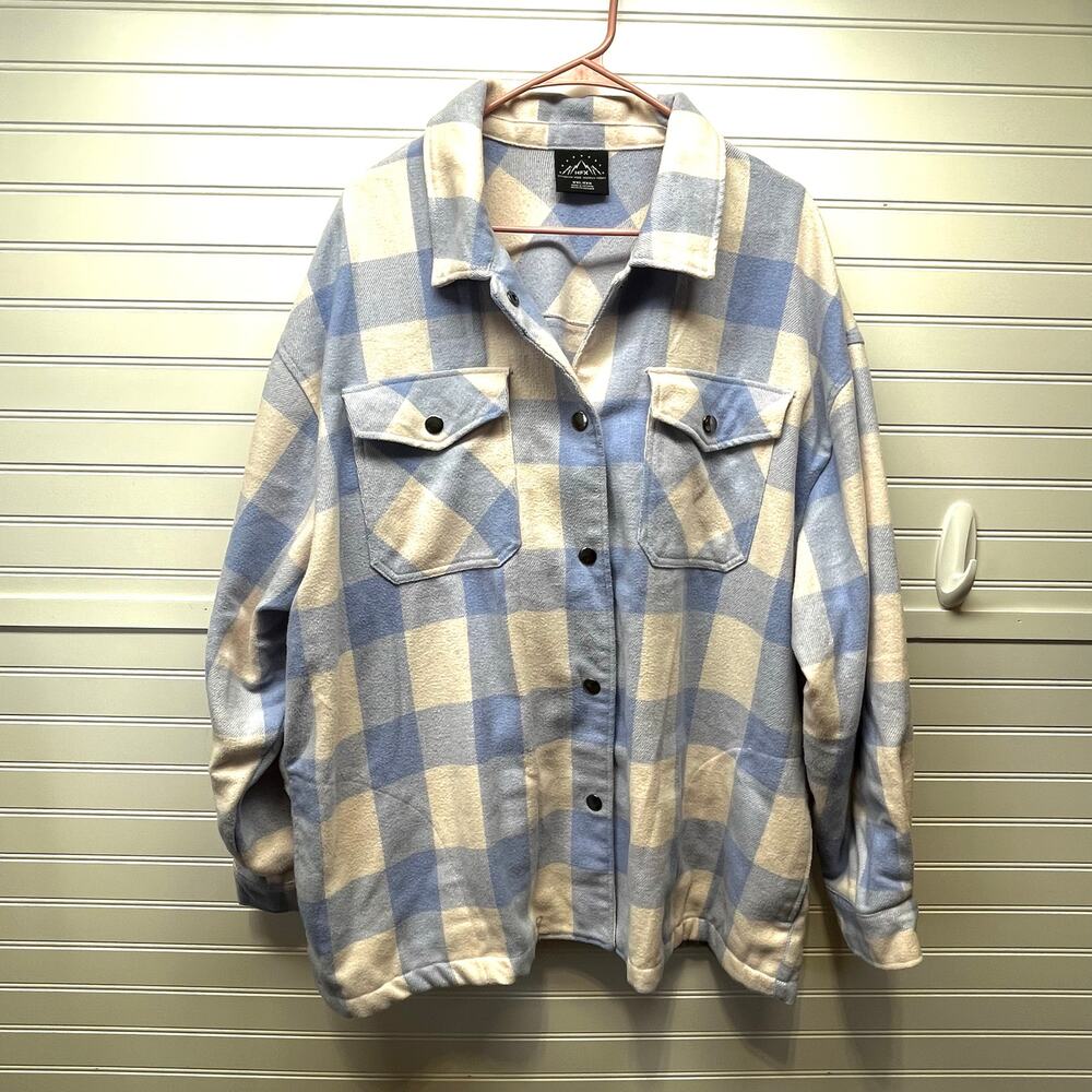 HFX Blue and Cream Plaid Snap Front Shacket Size XXL
